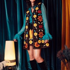 The Hippie Shake- Psychedelic Black Velvet multi-color Applique Waistcoat Vest
